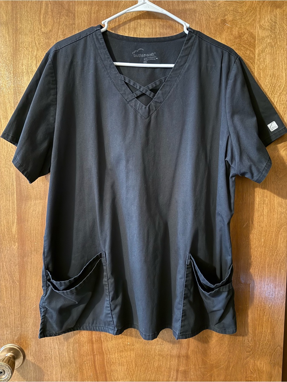 butter-soft Women's Black Crisscross V-Neck Scrub Top
